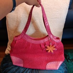 Stone Mountain PINK Handbag PURSE Faux Reptile & Woven Satchel Pocketbook BAG